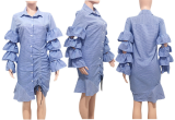 Plus Size Striped Print Full Petal Sleeve Midi Dress OY-5288