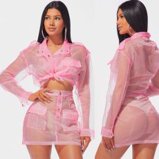 Solid Organza Perspective Button Up Two Piece Mini Skirt Set BN-9184