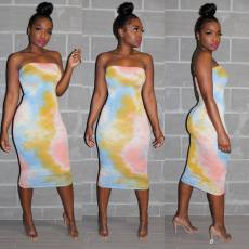 Tie Dye Print Strapless Wrap Midi Dresses WSM-5069