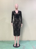 Sexy Lace V Neck Long Sleeve Bodycon Midi Dress BGN-012