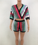 Blue Colorful Stripes Deep V Shorts Suits OY-5225