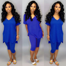 Blue V Neck High Low Tops And Shorts Two Piece Sets YH-5078
