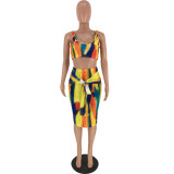 Tie Dye Print Sling Crop Tops Midi Skirt 2 Piece Set FNN-8241