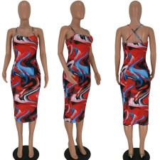 Sexy Printed Cross Strpas Backless Slim Midi Dresses TK-6005