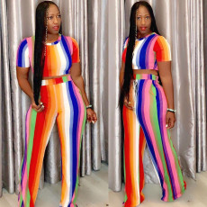 Colorful Striped Short Sleeve Two Piece Pant Set ORY-5120