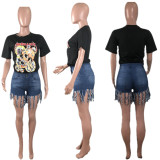 Plus Size Tassel Bodycon Jeans Shorts MOF-5067