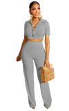 Solid Knitting Short Sleeve Crop Top Pants 2 Piece Sets LS-0277