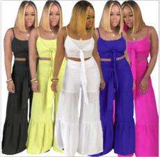 Solid Crop Tops And Wide Leg Pants 2 Piece Sets LS-0265