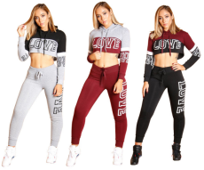 LOVE Letter Print Hooded Crop Tops And Pants Set YM-9066