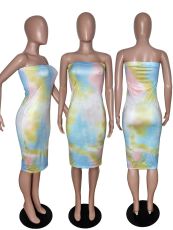 Tie Dye Print Strapless Wrap Midi Dresses WSM-5069