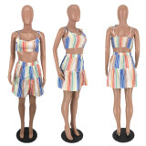 Colored Stripe Straps Two Pieces Mini Skirt Sets AWN-5028