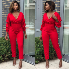 Red Deep V Neck Puff sleeve Jumpsuit MYP-8826