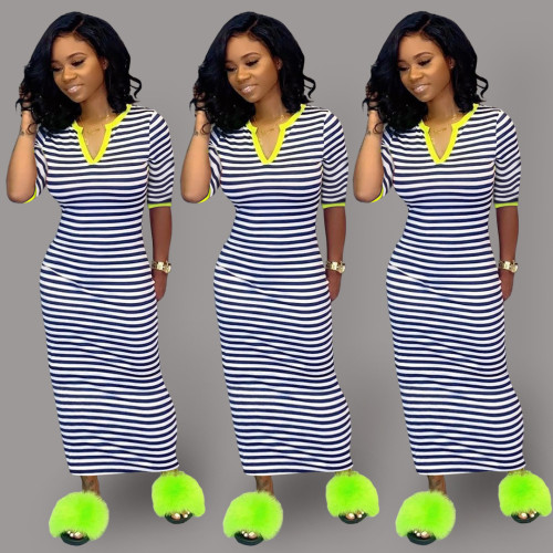 Wholesale Casual Stripes Half Sleeve Long Maxi Dresses Ys 8381 Df