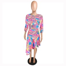 Fashion Printed Long Seeve Tops Irregular Skirt Sets YMT-6101