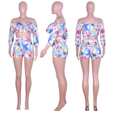 Floral Print Off Shoulder Crop Top Mini Skirt Suit NIK-016