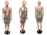 Geometric Print Cut Out Halter Sexy Mini Club Dresses QZX-6075