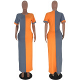 Plus Size Color Block Short Sleeve Maxi Dresses YH-5044