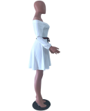 White Slash Neck Long Sleeve Belt Mini Dress CQ-5115