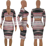 Colored Stripes V Neck Long Sleeve Midi Skirt 2 Piece Sets TK-6001