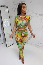 Floral Print Crop Tops And Long Pant Two Piece Set MOF-5087