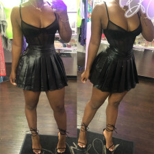 Fashion Black PU Leather Mini Pleated Skirt LSL-6305
