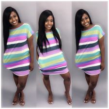 Colored Striped Short Sleeve Casual Mini T Shirt Dress LP-6170