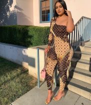 Chain Print Sexy One Shoulder Long Sleeve Jumpsuits HM-6148