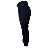 Black Cargo Pants With Belt Long Pencil Trousers LSL-6298
