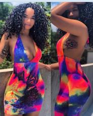 Sexy Printed Deep V Halter Backless Bodycon Mini Dresses MOF-5097