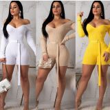 Solid Ribbed Slash Neck Sashes Bodycon Rompers ARM-8118