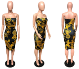 Retro Printed Club Strapless Midi Wrap Dresses QZX-6036
