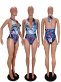 Sexy Printed Deep V Halter backless One Piece Swimsuit WSM-5094