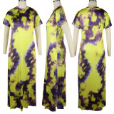 Tie Dye Print Split Side Short Sleeve O Neck Maxi Dresses TE-3810