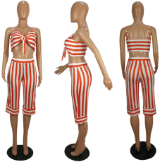 Striped Bow Knot Crop Tops Pants Set HM-6010