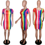 Rainbow Stripe Short Sleeve Mini Dress MYP-8863