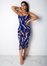 Chain Printed Backless Spaghetti Straps Midi Dress LSL-6242