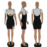 Sexy Crop Tops+Split Straps Mini Dress Two Piece Sets HM-6128