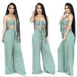 Solid Strapless Buttons Decoration Wide Leg Pants Set YIM-8007