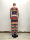 Colorful Striped Mesh High Split Beach Maxi Dress TR-943