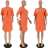 Plus Size Solid Short Sleeve O Neck Loose Midi Dresses CQ-5266