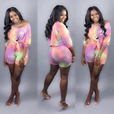 Plus Size Tie Dye Print Hlaf Sleeve Two Piece Short Sets QY-5109