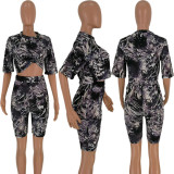 Casual Printed Short Sleeve T Shirt Shorts 2 Piece Sets HM-6139