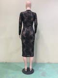 Sexy Lace V Neck Long Sleeve Bodycon Midi Dress BGN-012
