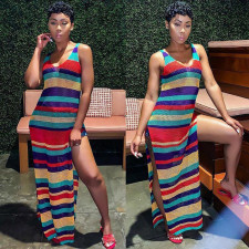 Colorful Striped Mesh High Split Beach Maxi Dress TR-943