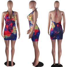 Sexy Printed Deep V Halter Backless Bodycon Mini Dresses MOF-5097