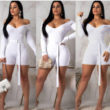 Solid Ribbed Slash Neck Sashes Bodycon Rompers ARM-8118