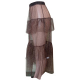 Fashion Leopard Print Mesh Cascading Long Skirt LSL-6300
