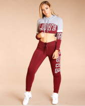 LOVE Letter Print Hooded Crop Tops And Pants Set YM-9066