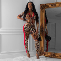 Sexy Leopard Print Tie Up Crop Top And Long Pants Suits NIK-039