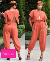 Solid Backless Top Long Pants Casual Loose 2 Piece Set TK-6016